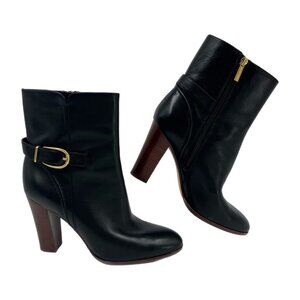 Veronica Beard Black Viv Buckle Accent Heeled Booties | Leather Upper